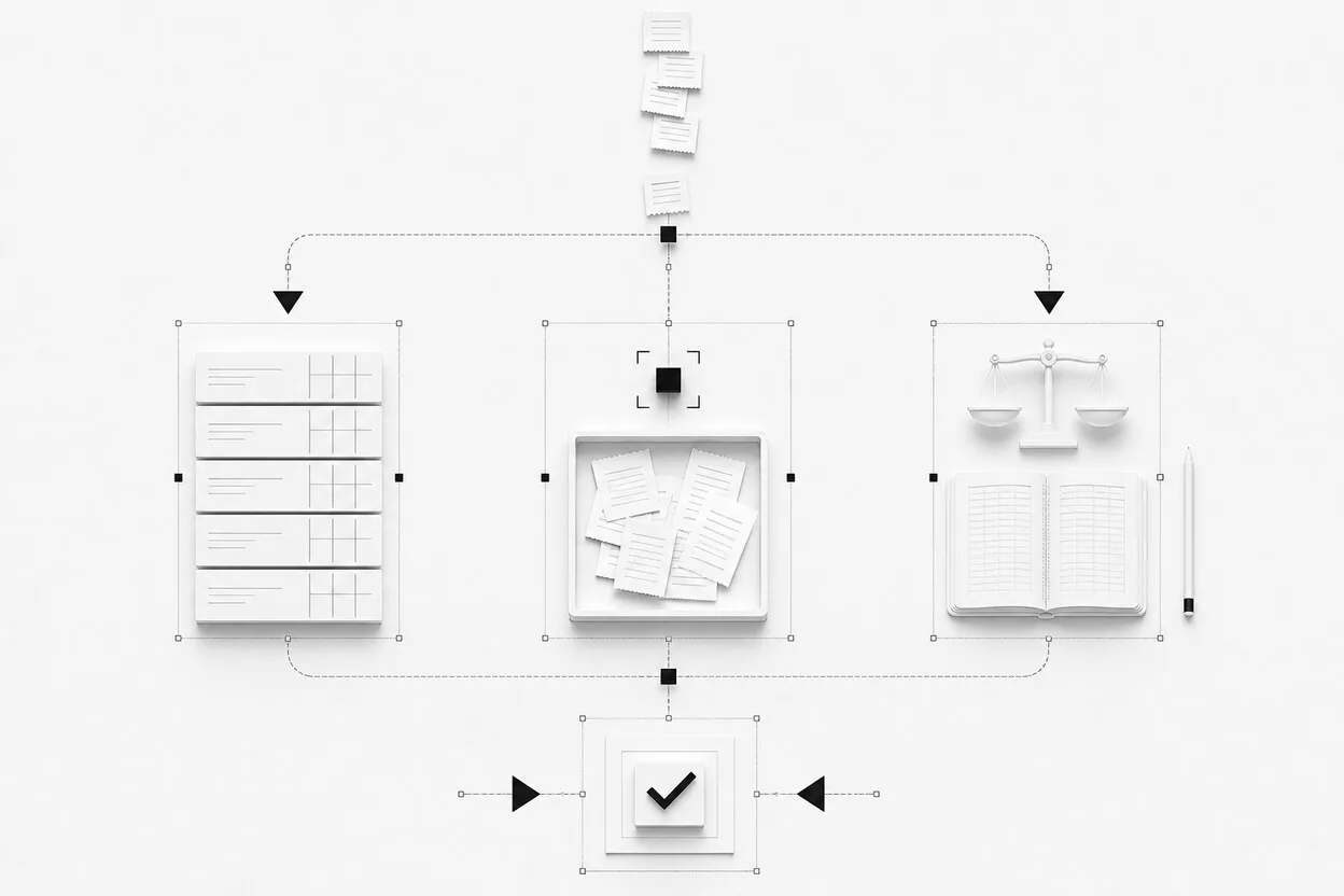 Bank feeds, receipt capture, and human review converging on a reconciled ledger