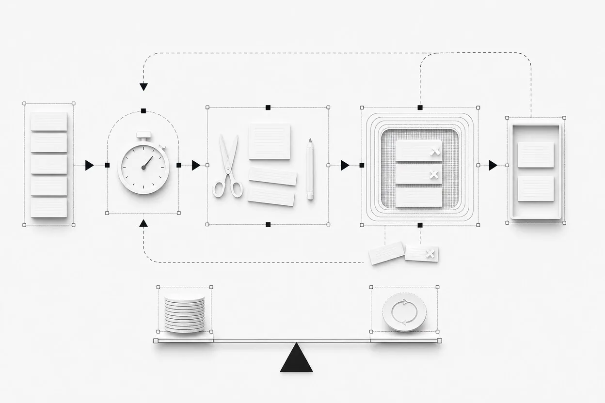 Marketing drafts passing through timed editing, brand checks, and a value balance