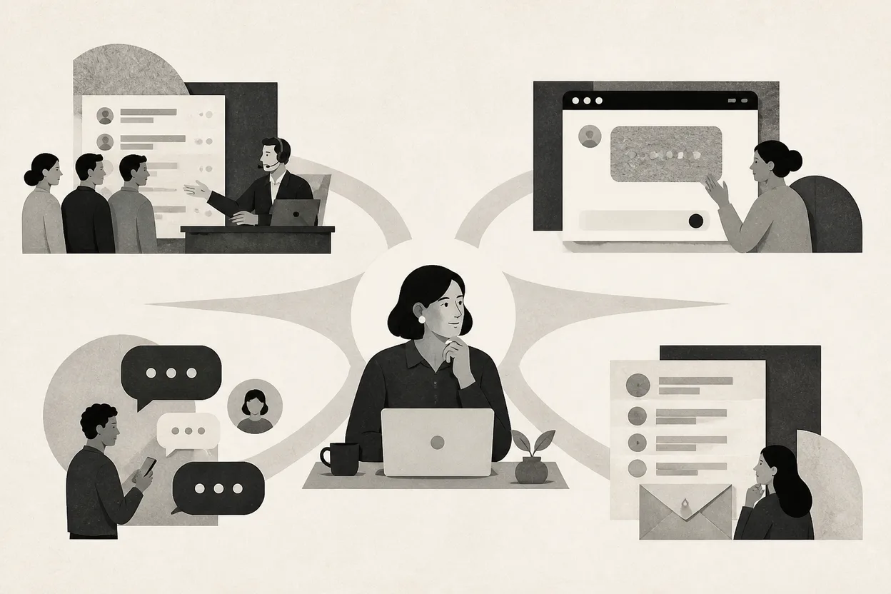 Four small-business support paths compared across helpdesks, widgets, social messaging, and FAQ email