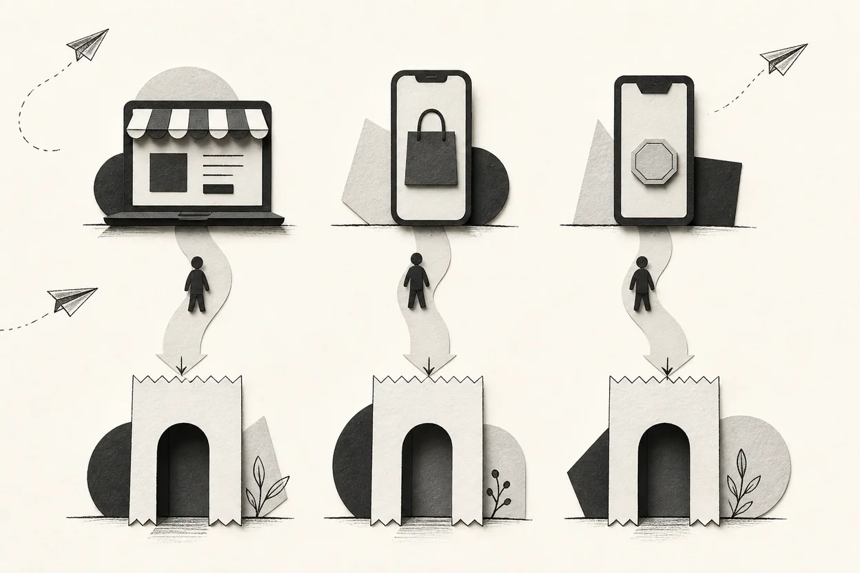 Claude web, iOS, and Android purchases routed to three separate merchant and receipt doors