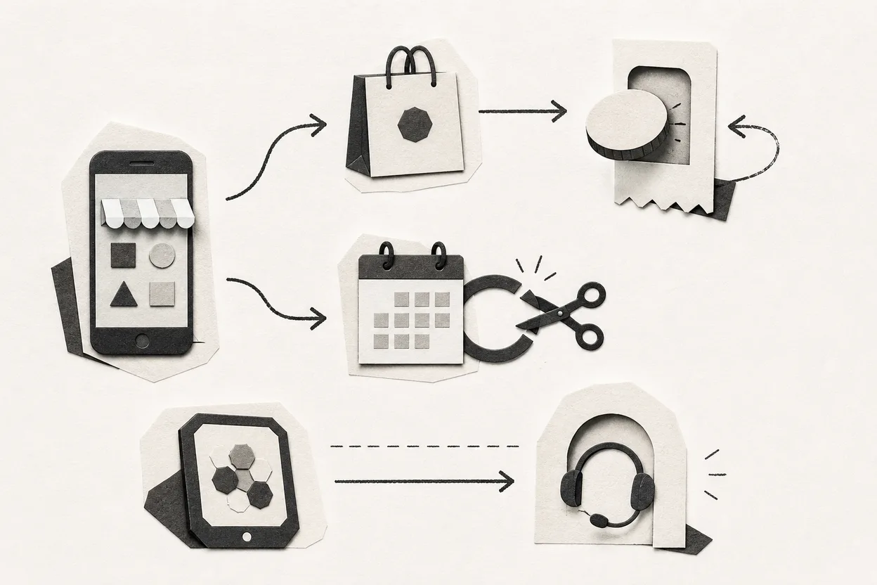 Refund review and renewal cancellation shown as separate paths beside the Android support route