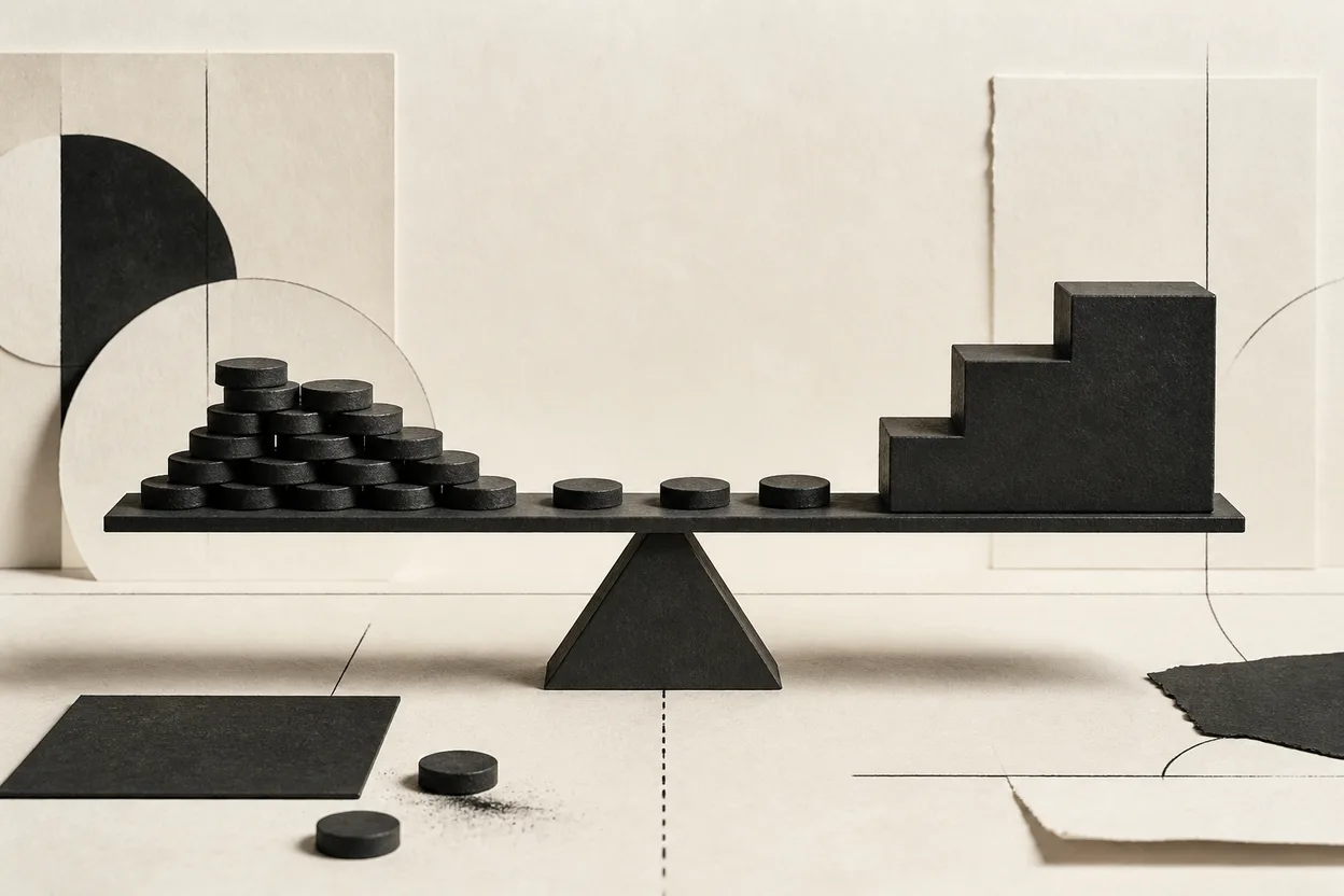 A balance comparing a small variable token stack with a fixed subscription staircase