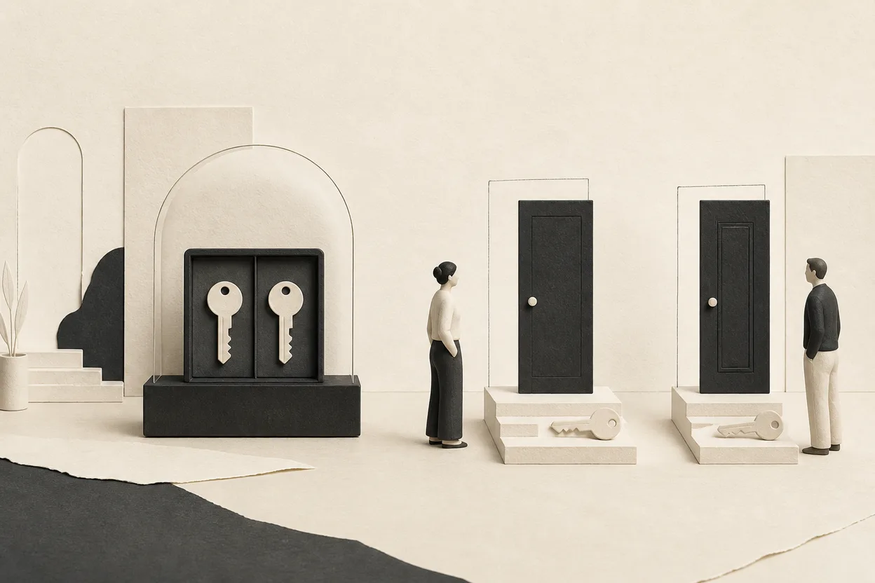 A shared key cabinet and two independent keys representing centralized and personal control