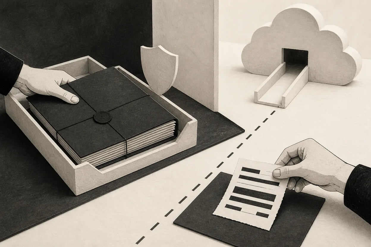 A sealed client dossier kept away from a cloud intake while a redacted excerpt is used locally