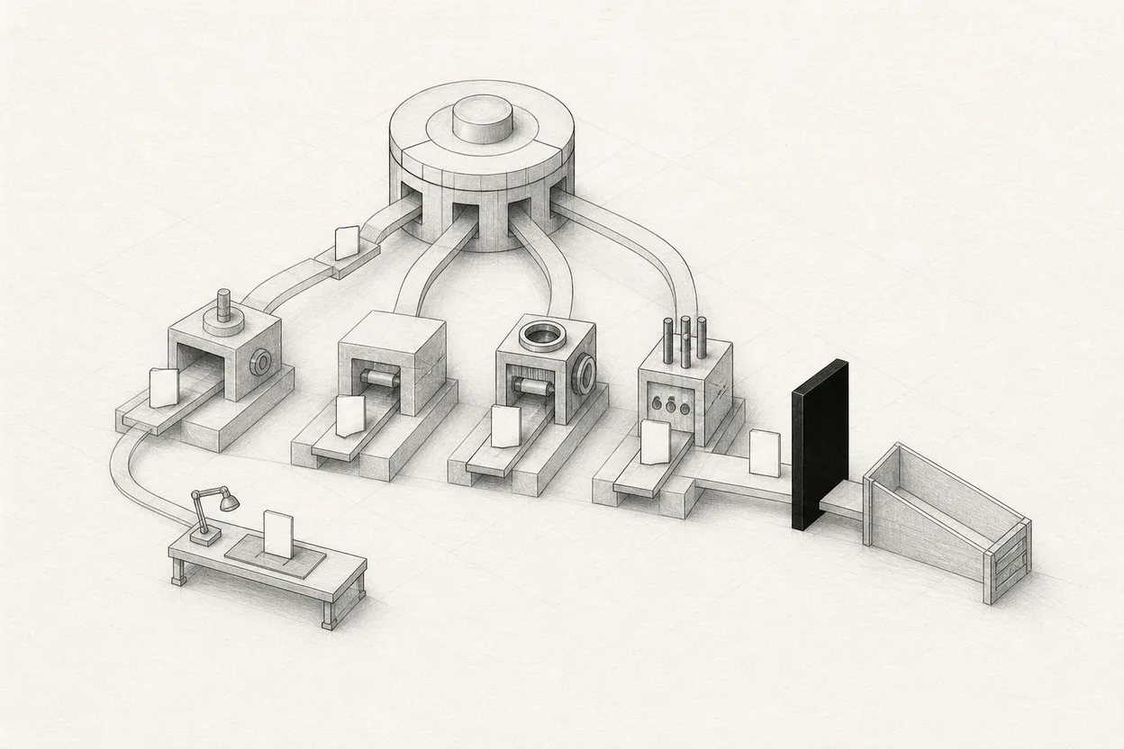 A routed content workflow stops at validation failures and a final human approval gate