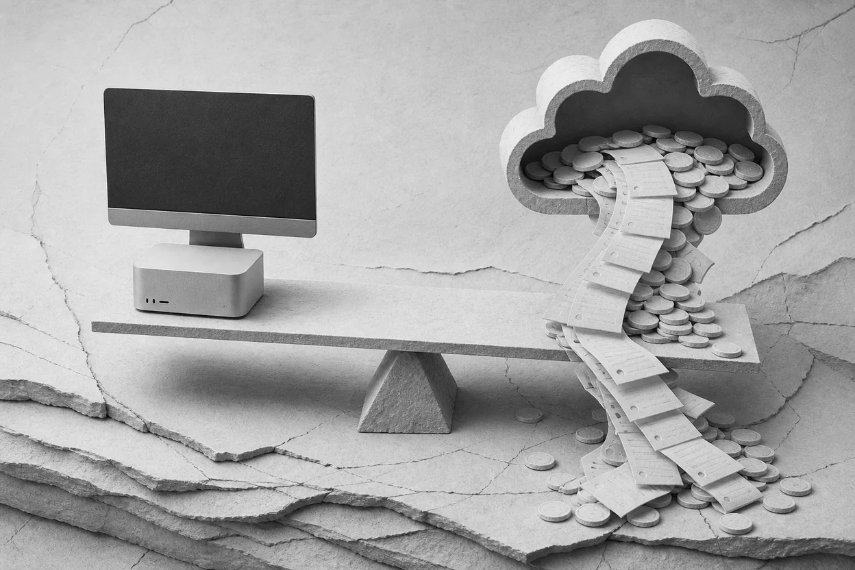 A local computer balanced against an ongoing stream of cloud subscription charges